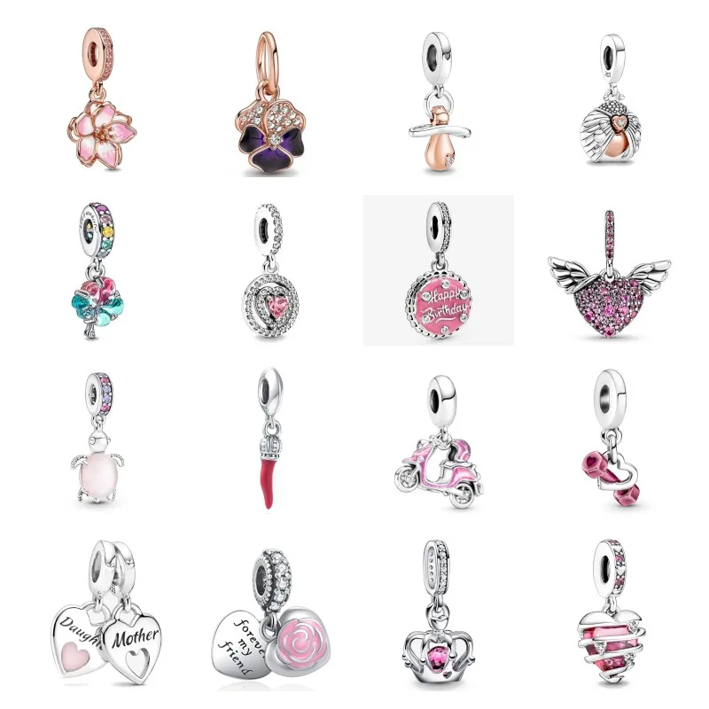 New 2023 Fashion Pink Pansy Flower Pendant Bead 925 Sterling Silver Plated Fit Necklace Keychain Charm DIY Jewelry Bracelet - Image 2